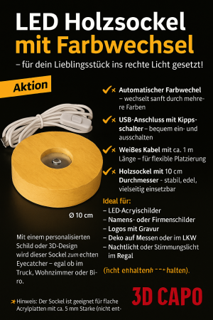 LED Holzsockel mit Farbwechsel – USB-betrieben mit Schalter (Ø 10 cm)