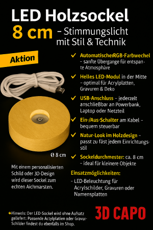 LED Holzsockel mit Farbwechsel – 8 cm – USB mit Schalter