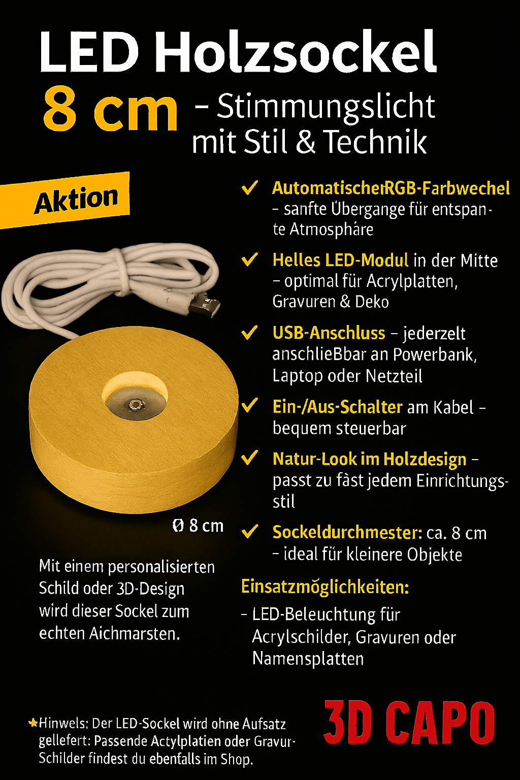 LED Holzsockel mit Farbwechsel – 8 cm – USB mit Schalter